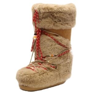 Tan Faux Fur Boots with Red Accents